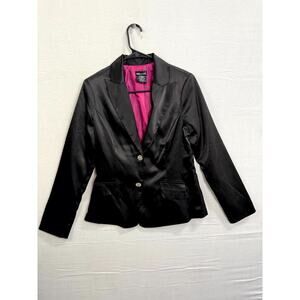 Wet-Seal Blazer Jacket Women Medium Black Lined Satin Peak Lapel Single-Breasted